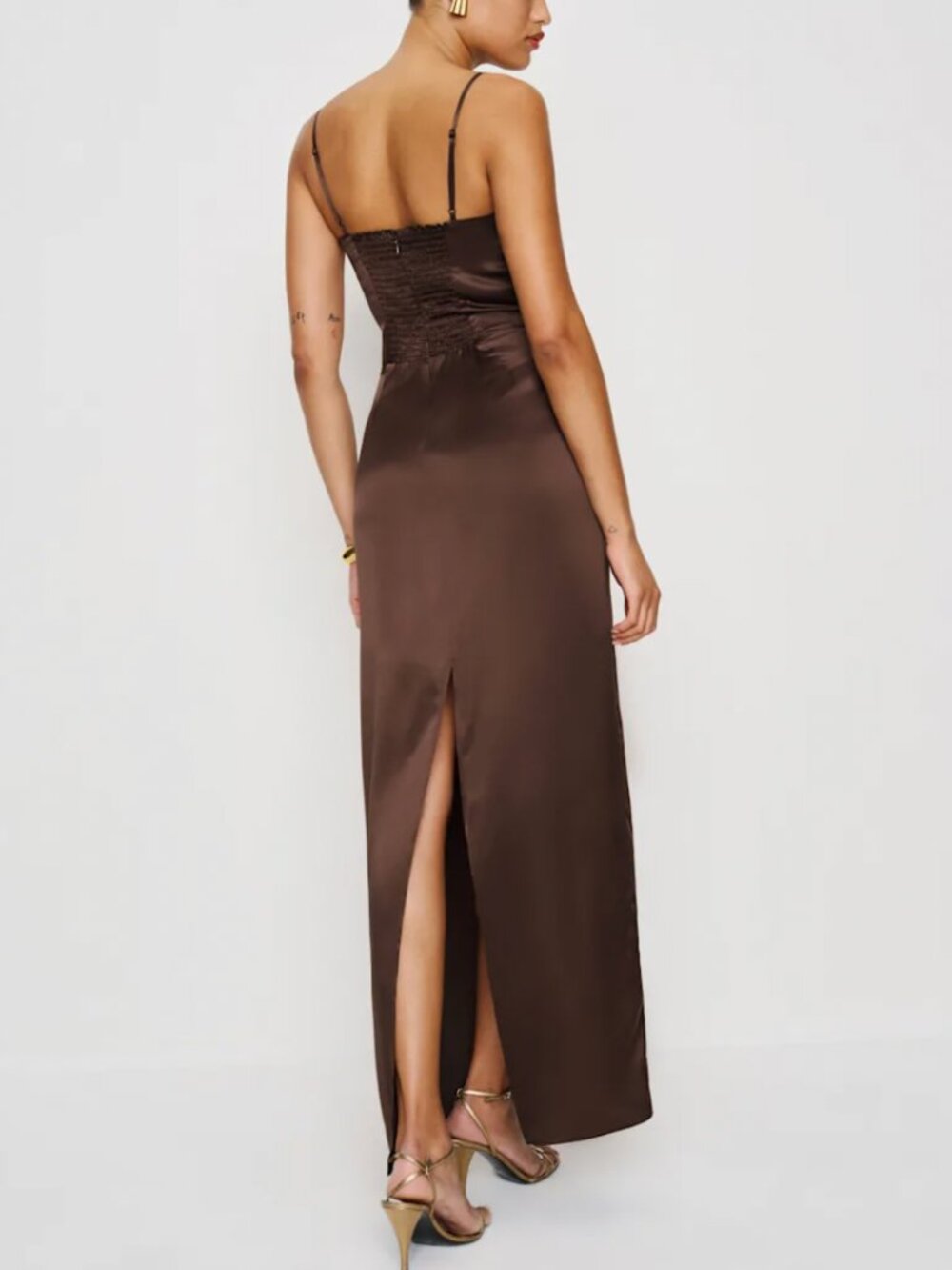 Reformation Frankie Silk Maxi Dress Sz2 Cafe Brown Event Cocktail Party - Picture 3 of 9